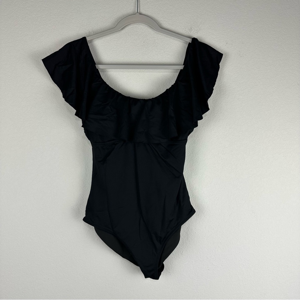 Eberjey Black Ruffle Preppy Vacation Minimalist One Piece Swimsuit Size Medium